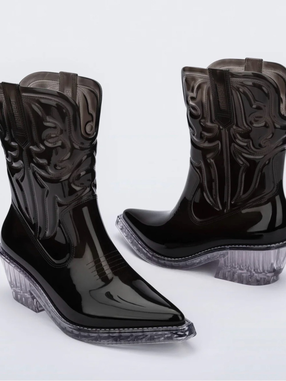 Melissa Black Patent Western Heeled Boots with Clear Block Heel